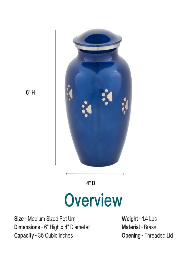 Silverlight Urns جرة حرق جثث الحيوانات الأليفة متوسطة الحجم، زرقاء اللون، مزينة بطبعات مخالب فضية، مصنوعة من النحاس، جرة زرقاء اللون للحيوانات الأليفة، جرة للكلاب، جرة للقطط، جرة متوسطة الحجم للحيوانات الأليفة، ارتفاع 6 بوصات - Image 4